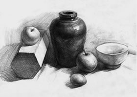 素描有石膏和深色罐子的组合
