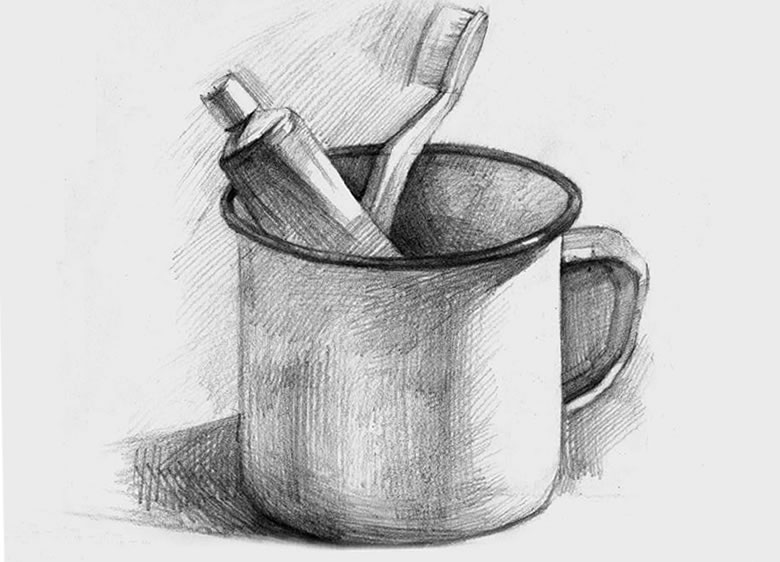 牙缸和牙刷组合素描画