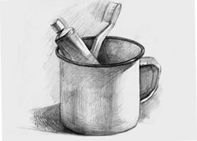 牙缸和牙刷组合素描画