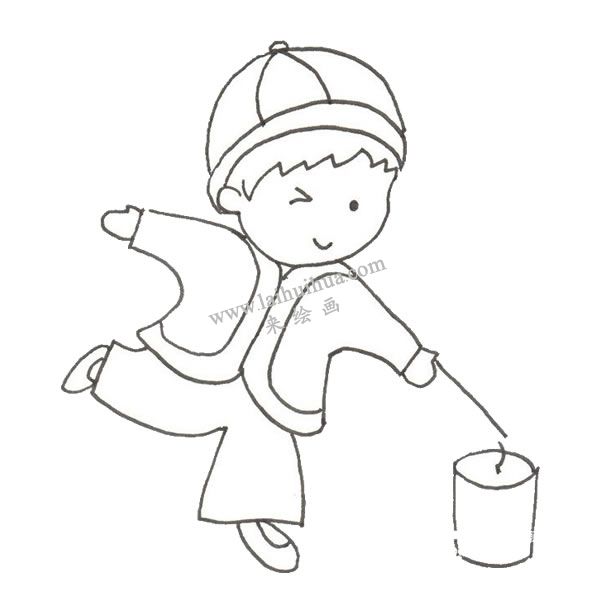 小孩子放烟花的卡通绘画步骤三