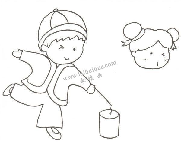 小孩子放烟花的卡通绘画步骤四