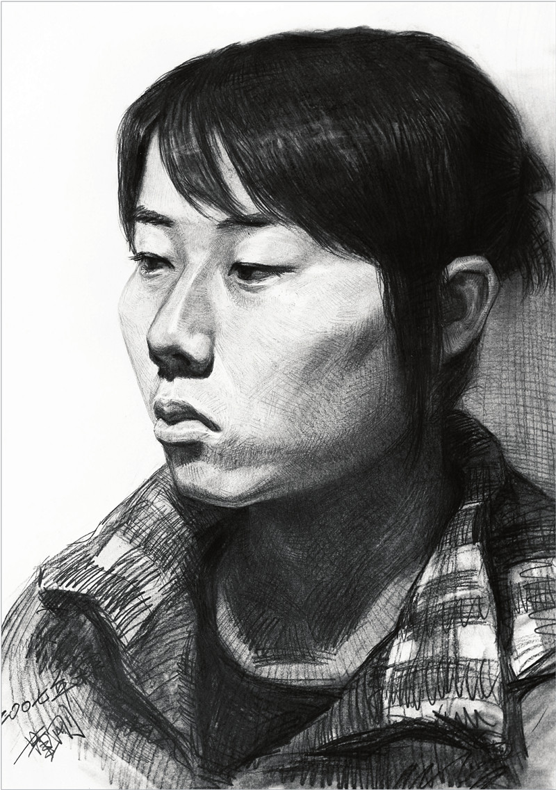 素描盘发女青年头像的步骤