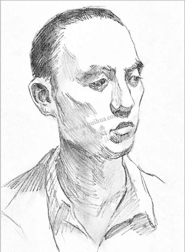 素描短发男青年头像的绘画步骤 三