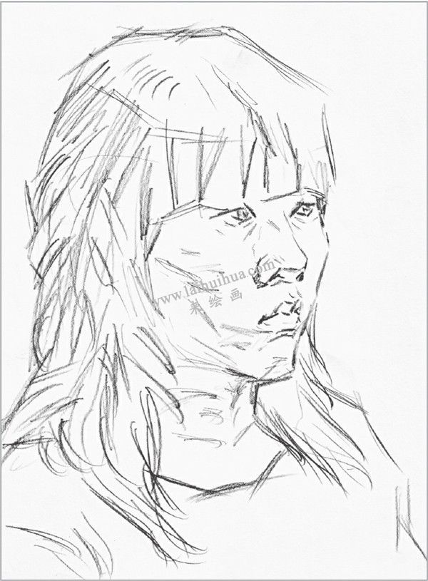 素描长发女青年头像的绘画步骤 二