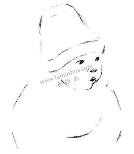 带圣诞帽的婴儿素描画法步骤 二