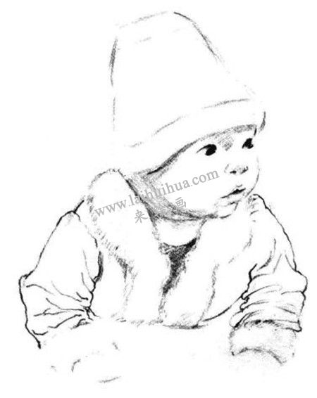 带圣诞帽的婴儿素描画法步骤 六