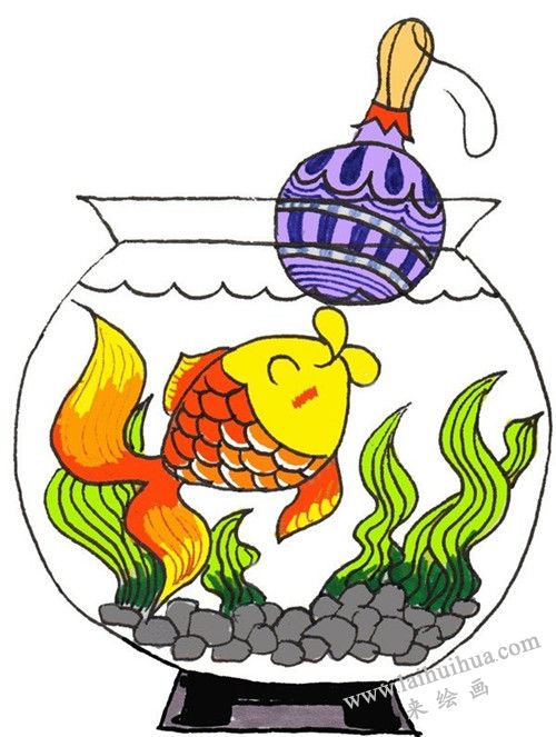 给水草上色 金鱼卡通画