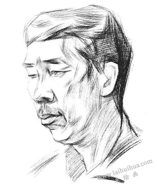 四分之三顶侧光线男中年肖像素描画法步骤 二