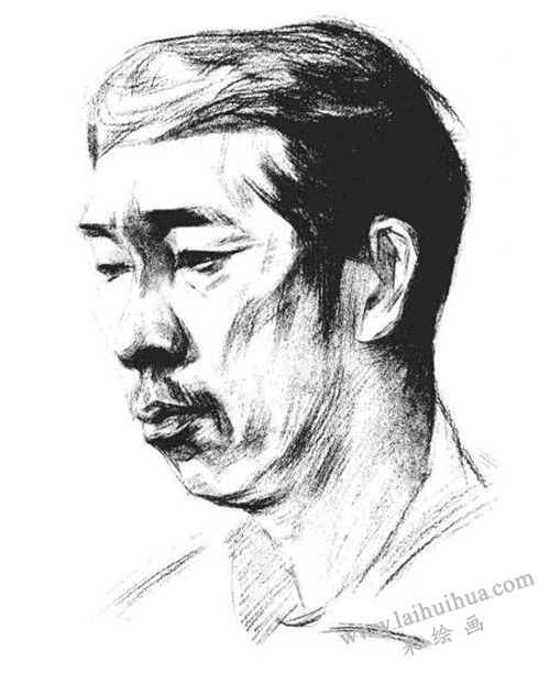四分之三顶侧光线男中年肖像素描画法步骤 三
