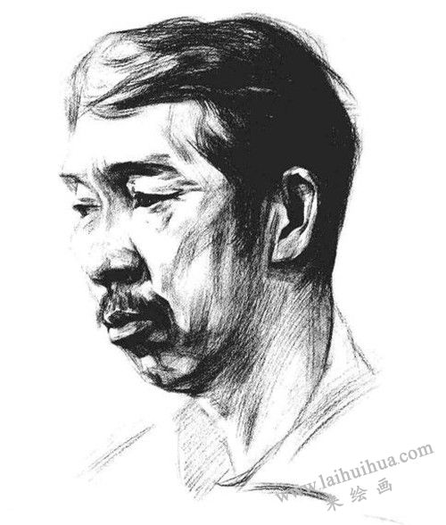 四分之三顶侧光线男中年肖像素描画法步骤 四