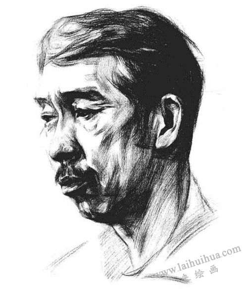 四分之三顶侧光线男中年肖像素描画法步骤 五