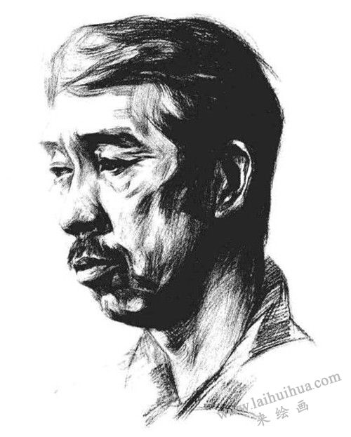 四分之三顶侧光线男中年肖像素描画法步骤 六