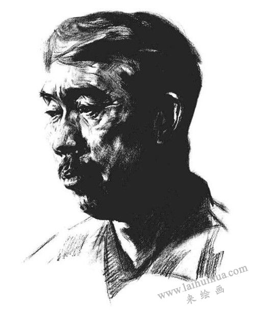 四分之三顶侧光线男中年肖像素描画法步骤 七