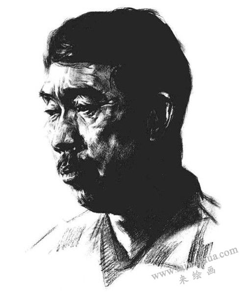 四分之三顶侧光线男中年肖像素描画法步骤 八