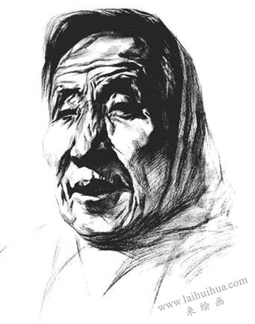 素描戴围巾的老年女子肖像画法步骤 七