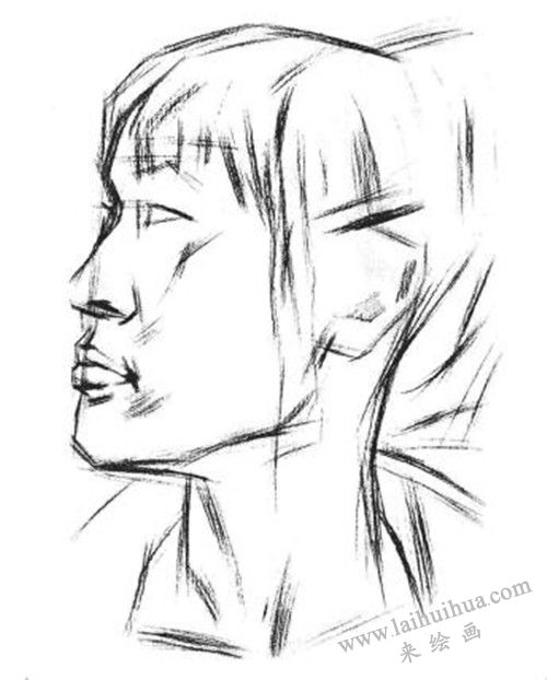 素描二分之一侧面顺光女青年肖像画法步骤 二