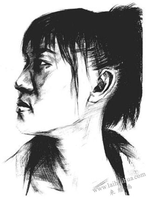 素描二分之一侧面顺光女青年肖像画法步骤 六