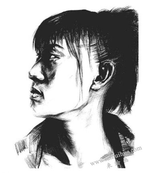素描二分之一侧面顺光女青年肖像画法步骤 八
