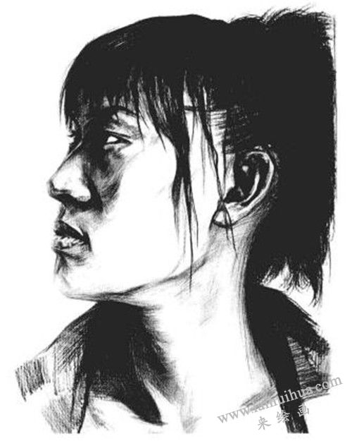 素描二分之一侧面顺光女青年肖像画法步骤 八