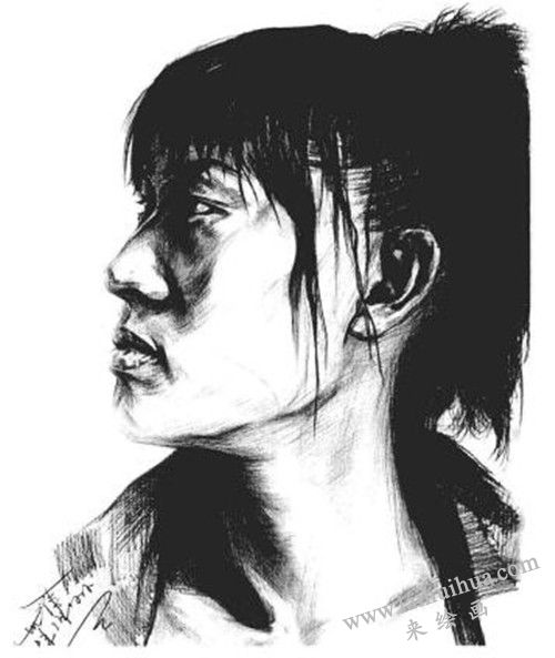 素描二分之一侧面顺光女青年肖像画法步骤 完成稿