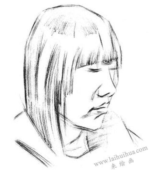 素描四分之三长发女青年肖像的画法步骤 二