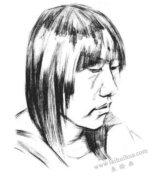 素描四分之三长发女青年肖像的画法步骤 三
