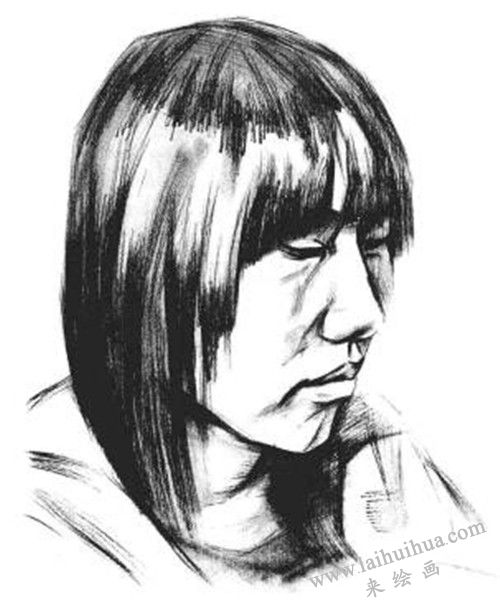 素描四分之三长发女青年肖像的画法步骤 四