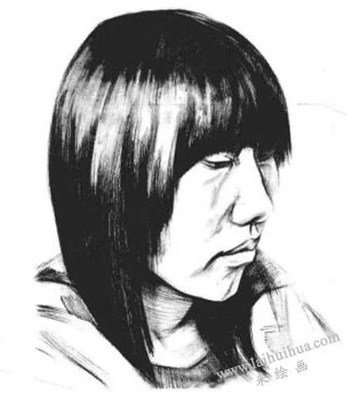 素描四分之三长发女青年肖像的画法步骤 五
