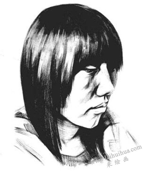 素描四分之三长发女青年肖像的画法步骤 六
