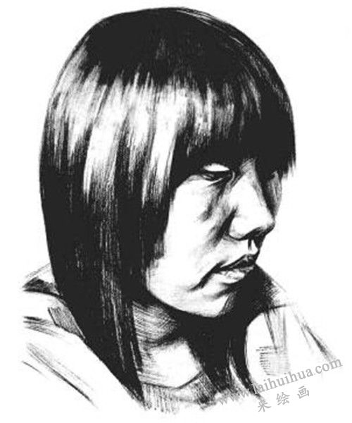 素描四分之三长发女青年肖像的画法步骤 七