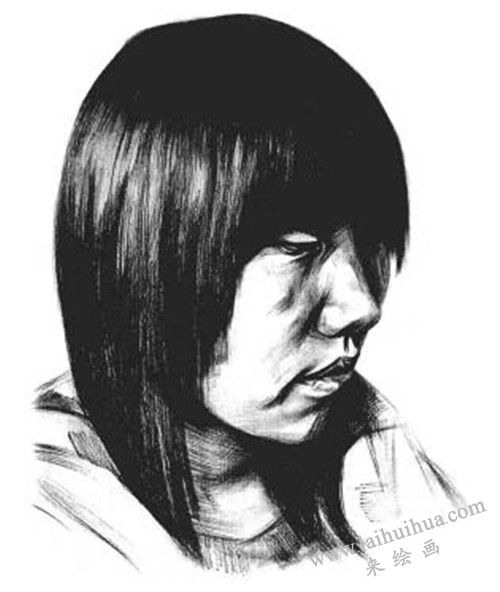 素描四分之三长发女青年肖像的画法步骤 八