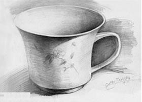 白瓷带花茶杯素描画法步骤