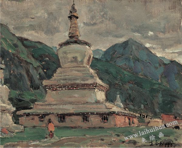 佛塔　纸上油画
