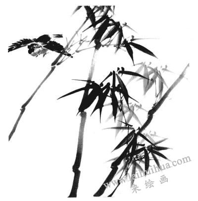 国画竹子画法步骤三：飞鸟