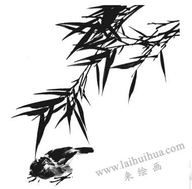 国画竹子画法步骤二：禽鸟