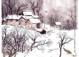 《山村雪貌》山水画