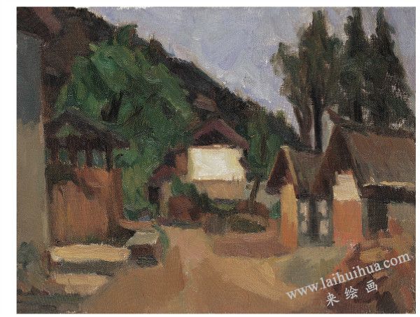 山村　布面油画　