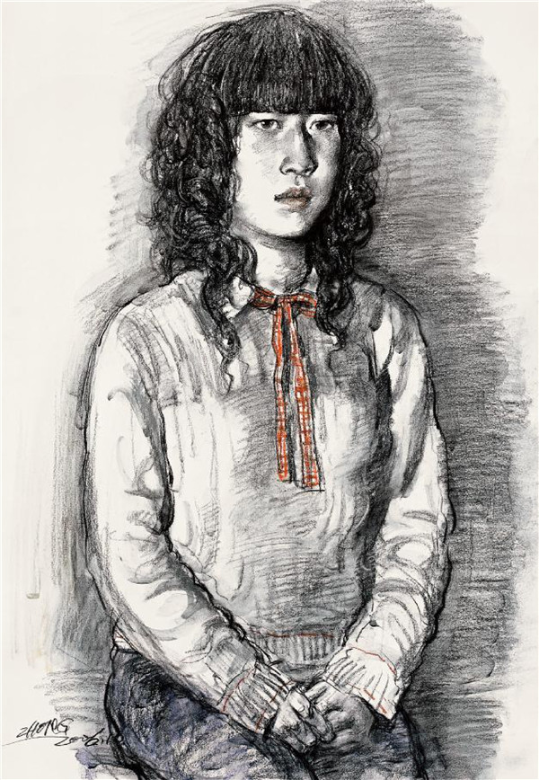 烫卷发的女孩素描画