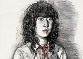 烫卷发的女孩素描画