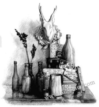 书房一角素描铺色画法步骤10