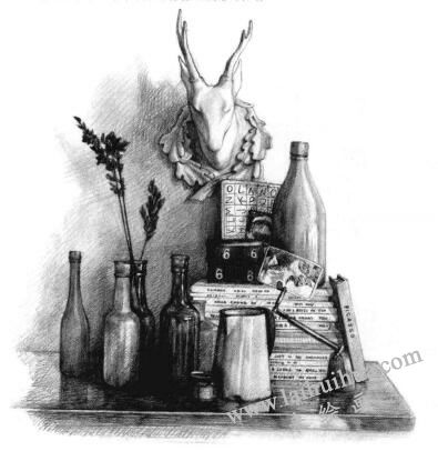 书房一角素描画