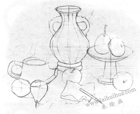多个静物组合素描画法步骤01