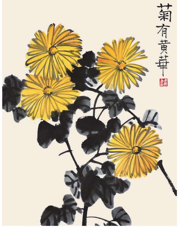 菊花儿童国画
