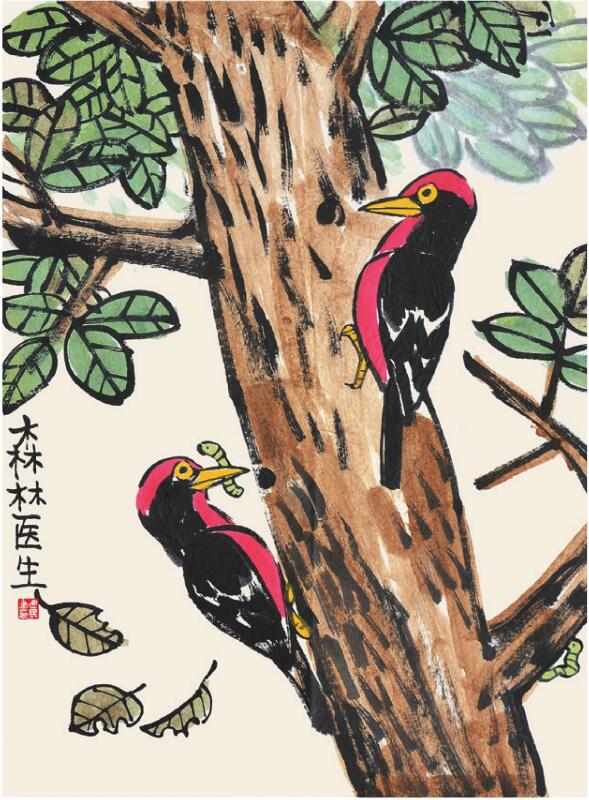 啄木鸟儿童国画