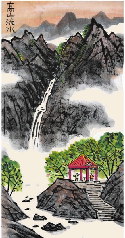 高山流水儿童国画