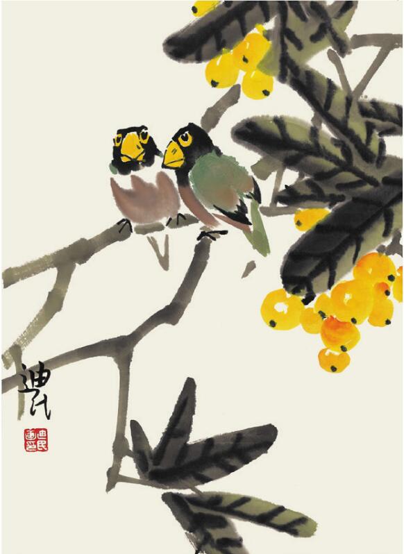 蜡嘴鸟儿童国画
