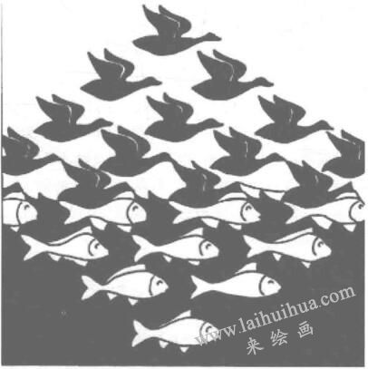 埃舍尔的代表作品《天空与水》，设计素描