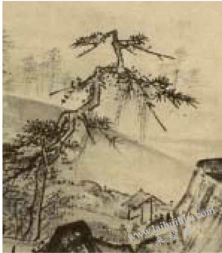《溪山清远图》左下院内大树线条凌乱不堪