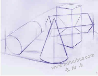 三个几何体组合素描表现步骤01