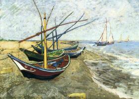 梵高《在圣马迪拉莫海边的渔船》油画作品